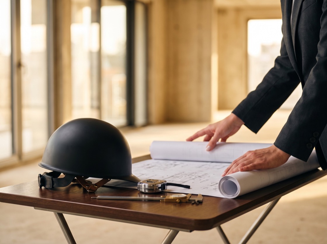 Architect reviewing construction drawings on site